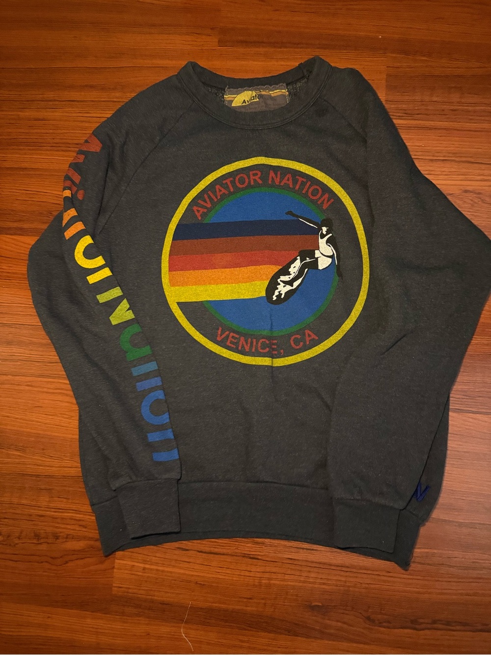 Aviator Nation Charcoal Crewneck Sweatshirt with Rainbow Logo